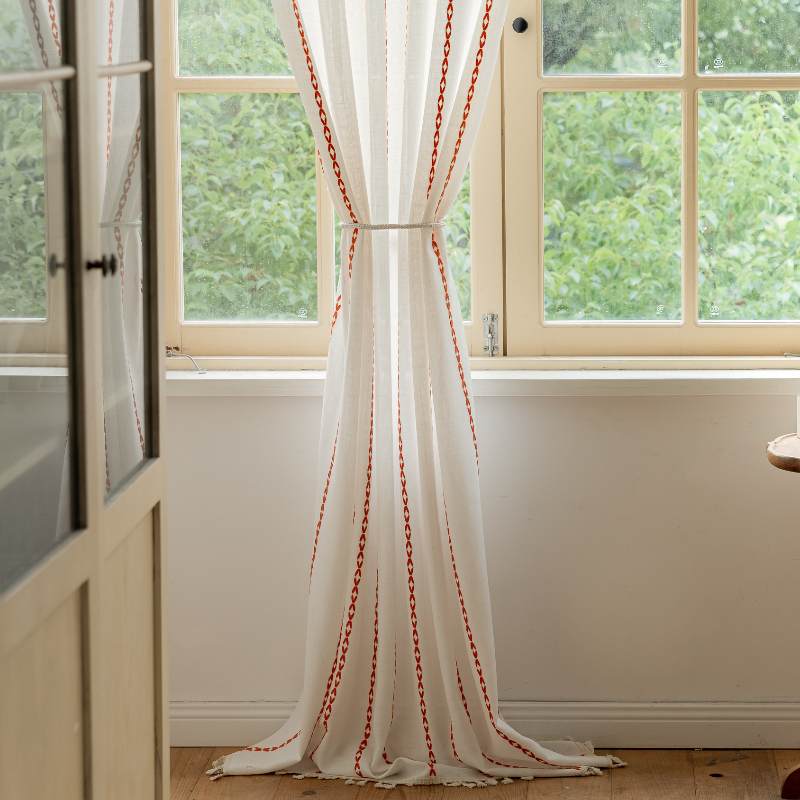 Rideau Tamisant Brodé Orange Bohémien Passe Tringle 140 x H260 cm