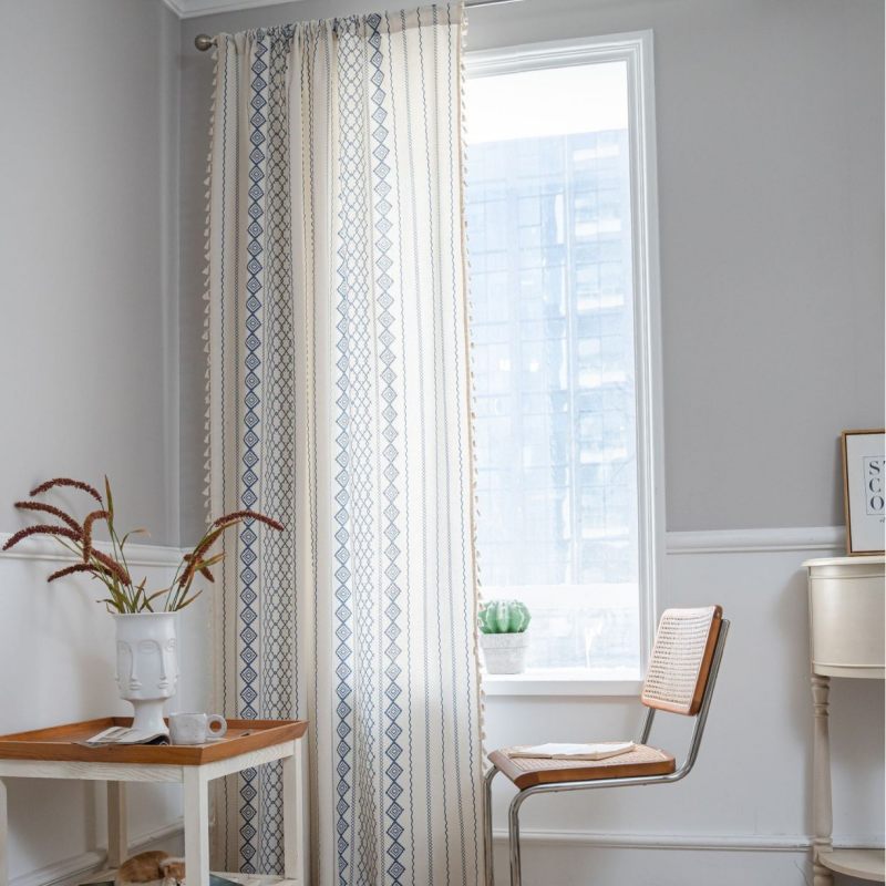 Rideau Tamisant Graphique Bleu Passe Tringle 140 X 240cm-maisonfans.com