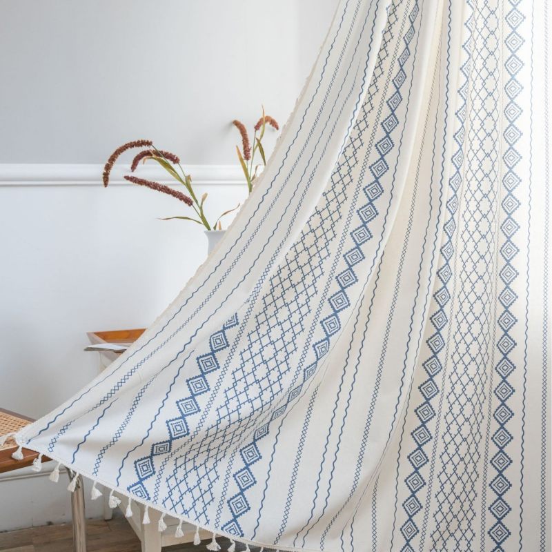 Rideau Tamisant Graphique Bleu Passe Tringle 140 X 240cm-maisonfans.com