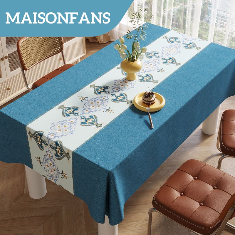 Toile Cirée Bleu Canard Baroque Nappe Table PVC Rectangle Anti-taches