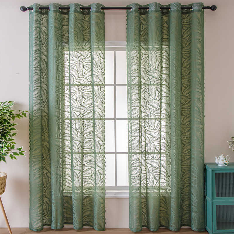 Voilage à œillets Feuille Tissage Vert (140 x H260 cm)-Maisonfans.com