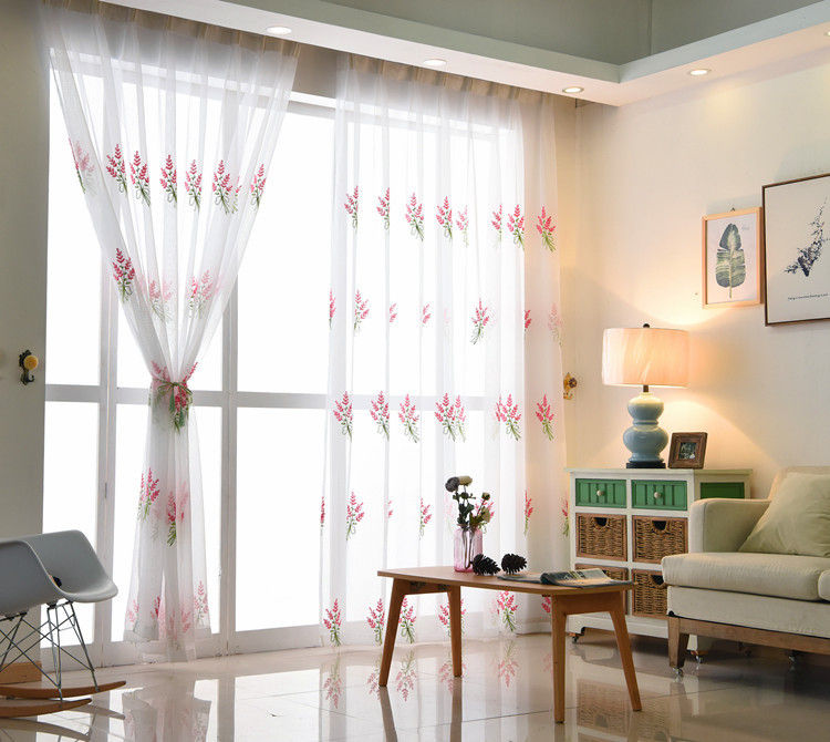 Voilage à œillets Lavende Brodée Rouge 140x240cm Campagne-Maisonfans