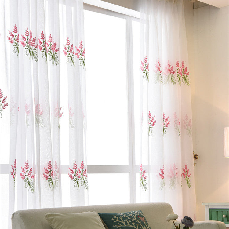 Voilage à œillets Lavende Brodée Rouge 140x240cm Campagne-Maisonfans