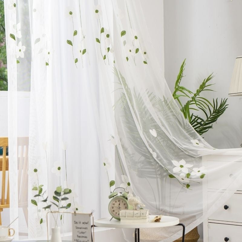 Voilage à œillets Magnolia Fleuri Brodé 140 x 240 cm Blanc Vert Salon