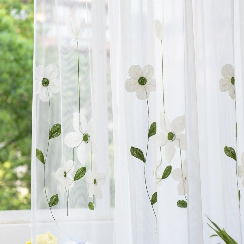 Voilage à œillets Magnolia Fleuri Brodé 140 x 240 cm Blanc Vert Salon