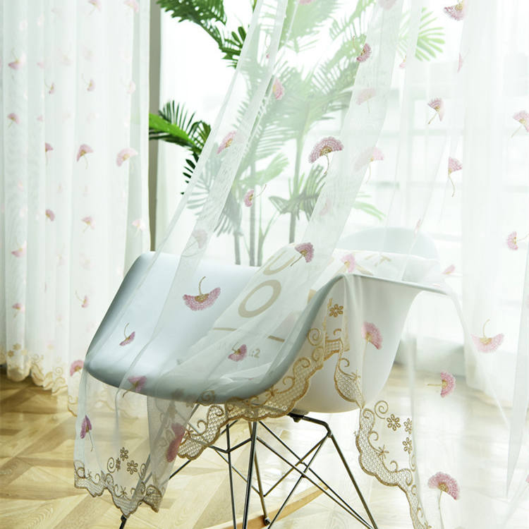 Voilage à œillets Pissenlit Brodé Dentelle Rose Bleu-Maisonfans.com