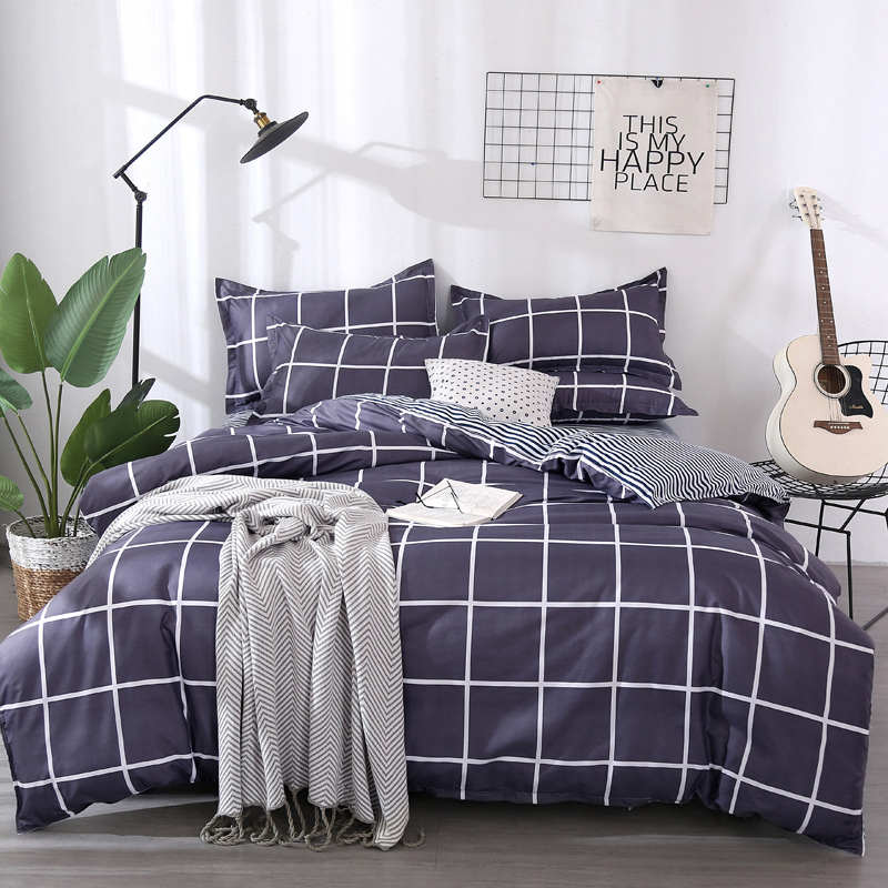 Housse de Couette et Deux Taies Carreaux Violet 140cm 200cm 240cm