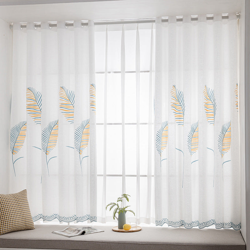 Voilage à œillets Feuillage Brodée 140 x H240 cm Salon Rideau Tamisant