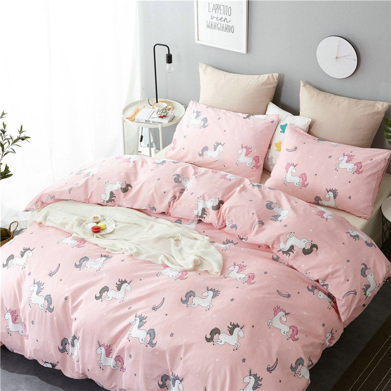 Housse de Couette Enfant et deux Taies d'oreiller Licorne Rose