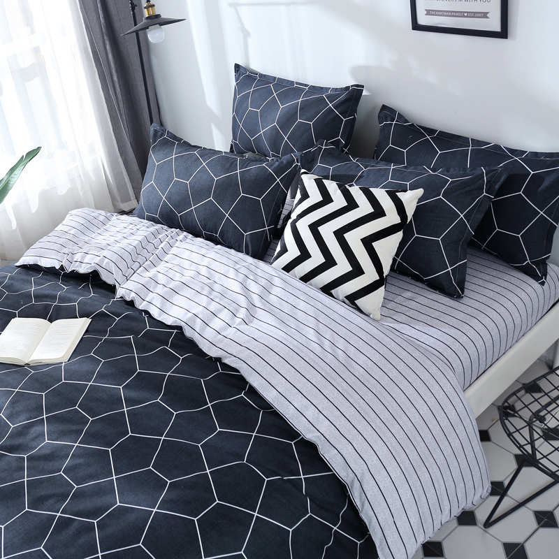 Housse de couette et deux taies carreaux graphique bleu foncé 240 cm