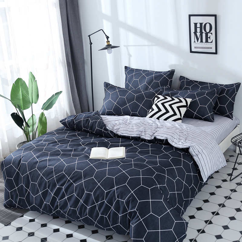 Housse de couette et deux taies carreaux graphique bleu foncé 240 cm