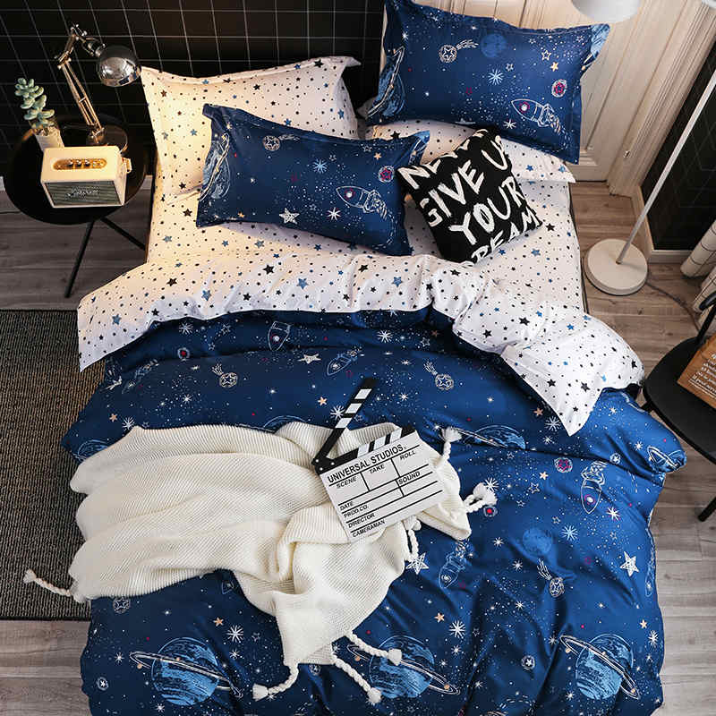 Housse de Couette et Deux Taies Galaxie Planète Bleu 240 cm Enfant