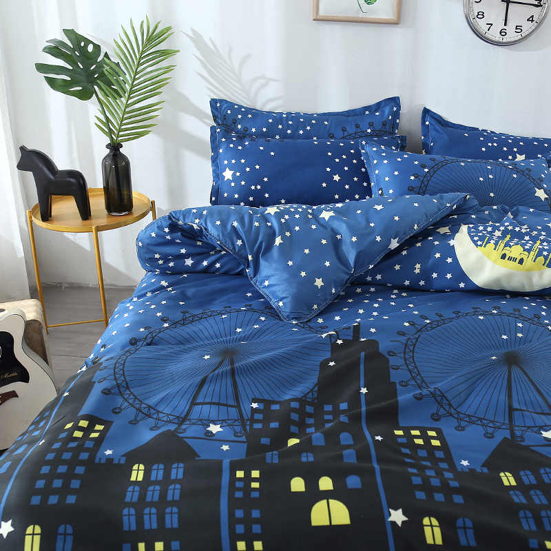 Housse de couette et Deux Taies Lune étoile Grande Roue Enfant Bleu