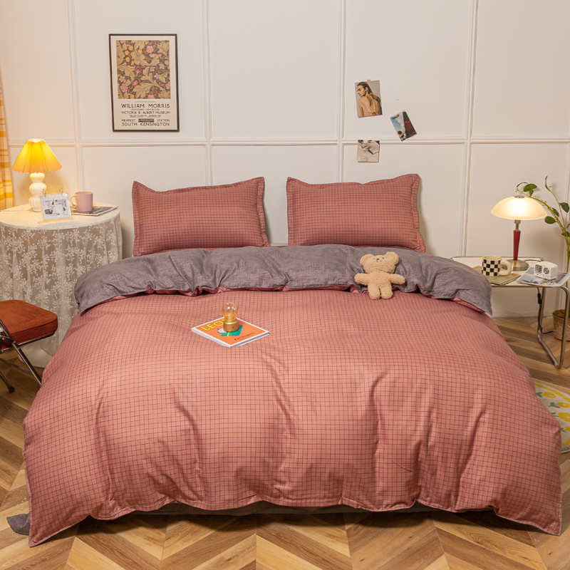 Housse de Couette et Deux Taies Grille Terracotta 140cm 200cm 240cm