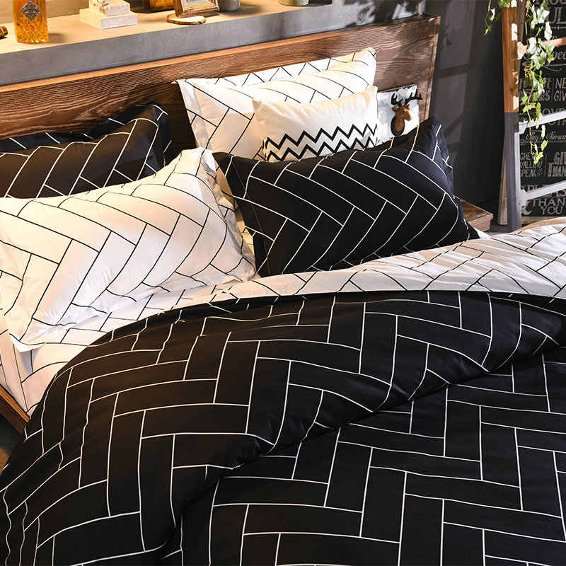 Housse de couette et Deux Taies Noir Blanc 240cm graphique 2 personnes