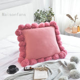 Housse de coussin coton doux macaron à pompons pour lit canapé fauteuil