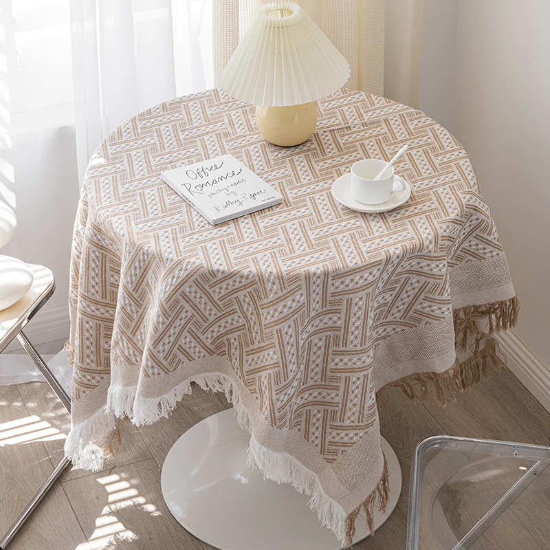 Nappe de Table en Coton Lin Motif Franges Café Gris Salle à Manger