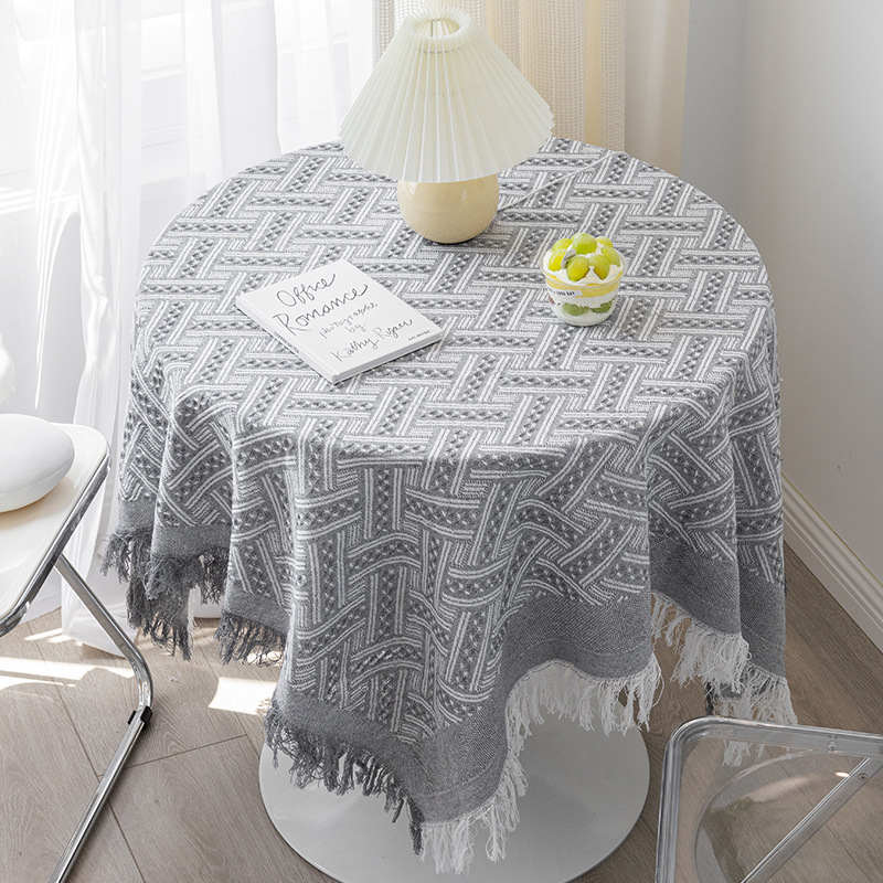 Nappe de Table en Coton Lin Motif Franges Café Gris Salle à Manger