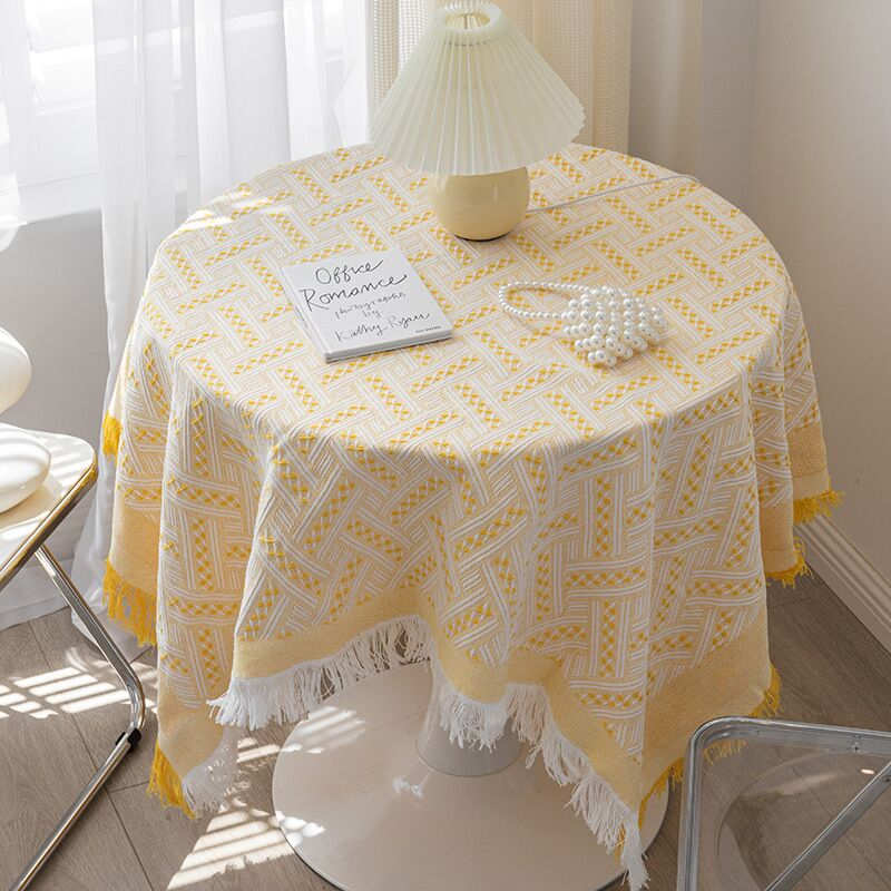 Nappe de table ronde en Lin  (D180 cm) Franges Jaune salle à manger
