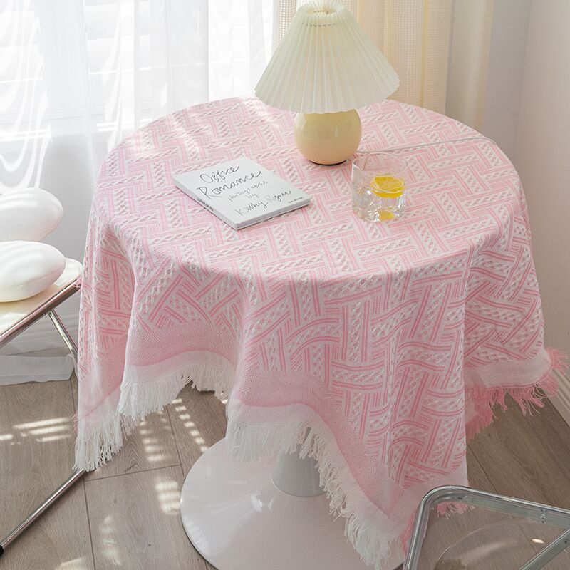 Nappe de table ronde en Lin  D180 cm Franges Rose salle à manger