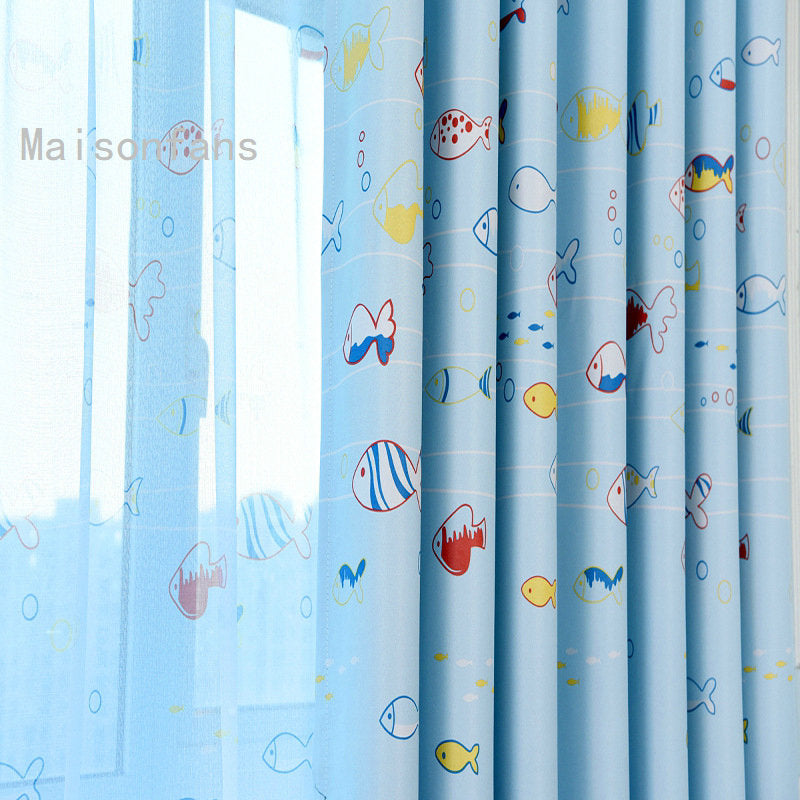Rideau Occultant Chambre d'Enfant Poisson et Mer 135 x H240 cm Bleu Rose