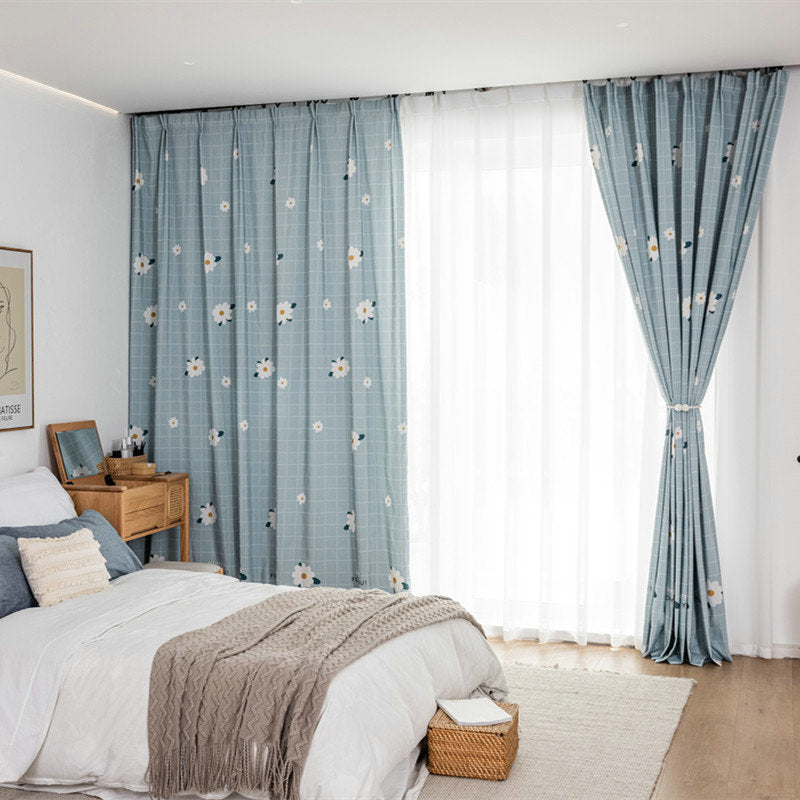 Rideau à œillets Tamisant Fleuri 140x260cm Bleu Fille Chambre ado