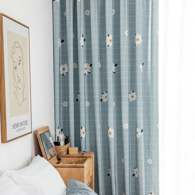 Rideau à œillets Tamisant Fleuri 140x260cm Bleu Fille Chambre ado