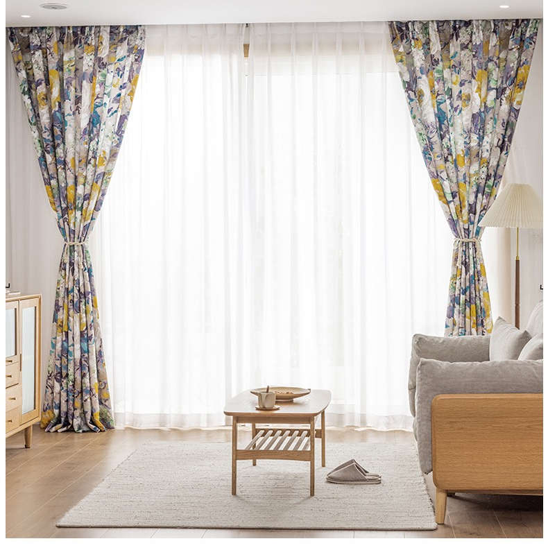 Rideau Tamisant Imprimé Fleuri Peiture à l'huile Artistique Jaune Salon