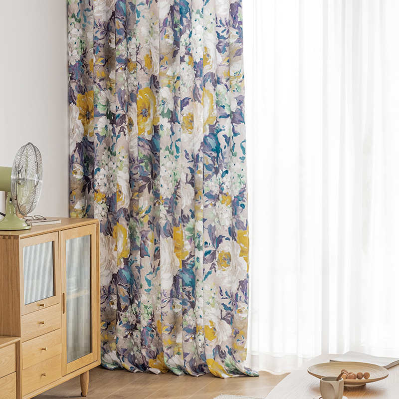 Rideau Tamisant Imprimé Fleuri Peiture à l'huile Artistique Jaune Salon