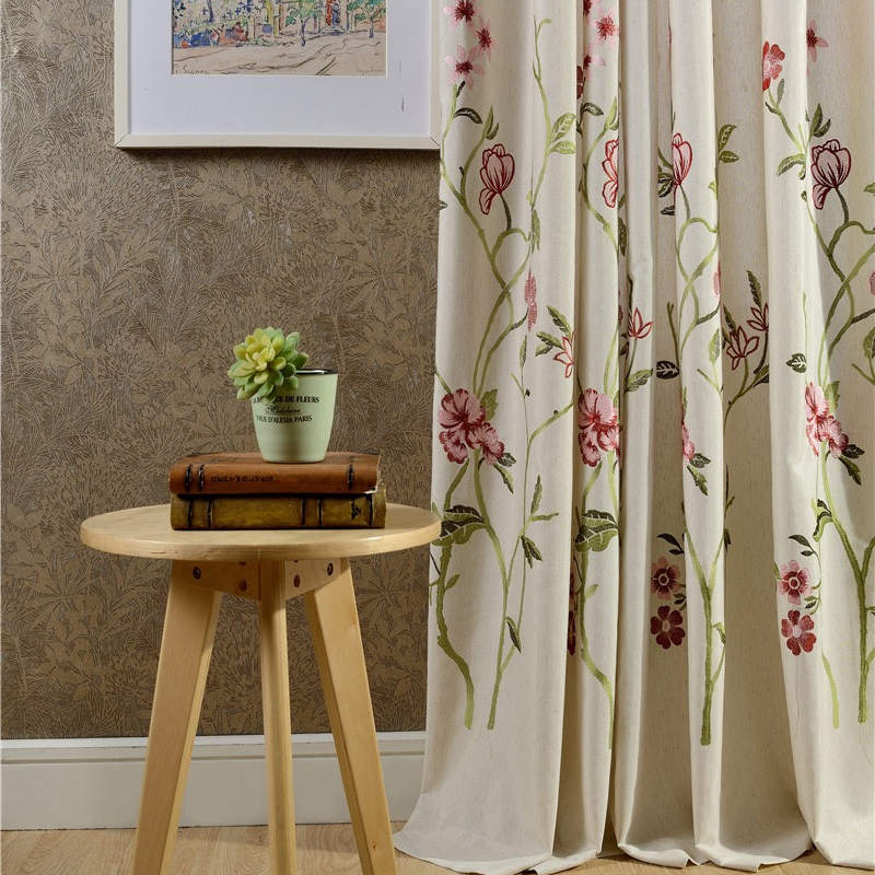 Rideau Lin brodé floral 140 x H260 rouge rideau salon broderie fleur