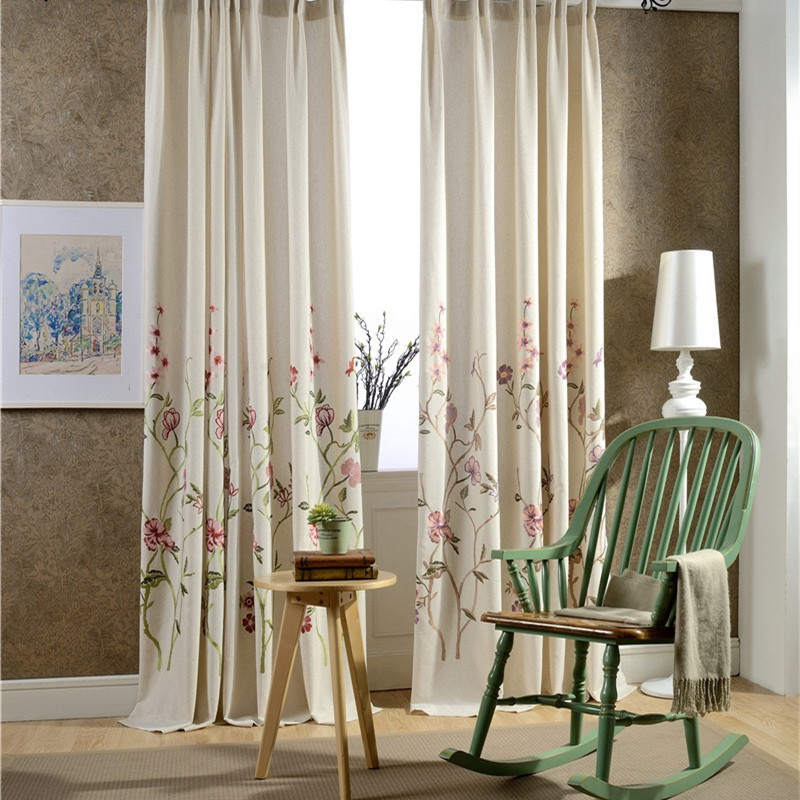 Rideau Lin brodé floral 140 x H260 rouge rideau salon broderie fleur