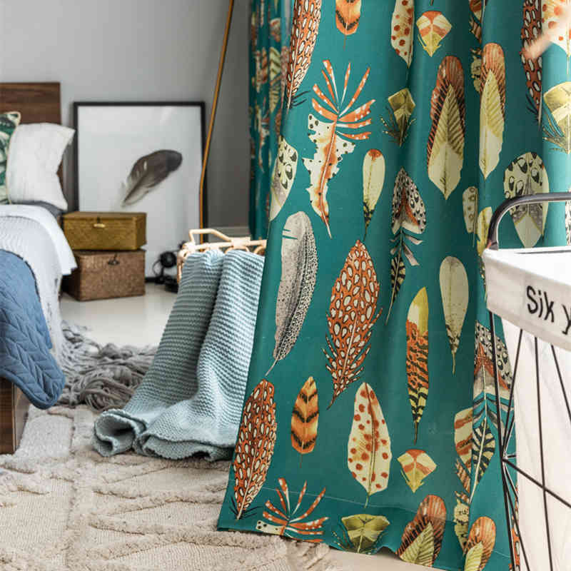 Rideau Tamisant Motif Herbier Imprimé Végétal Tropical Indien Vert Emeraude