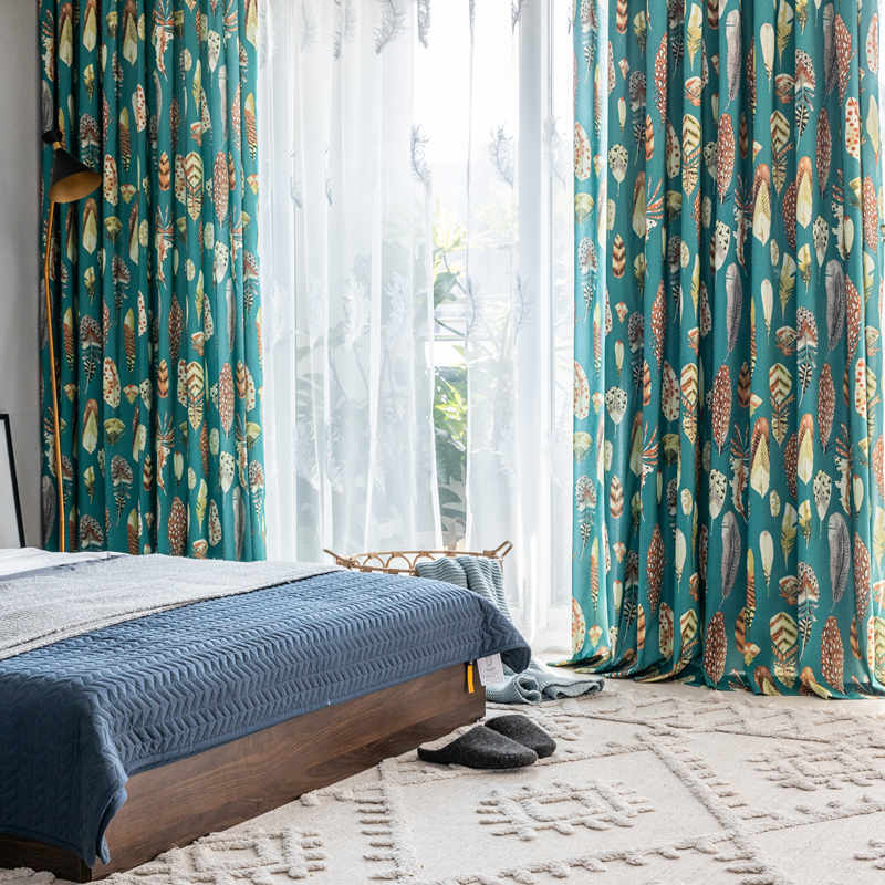 Rideau Tamisant Motif Herbier Imprimé Végétal Tropical Indien Vert Emeraude