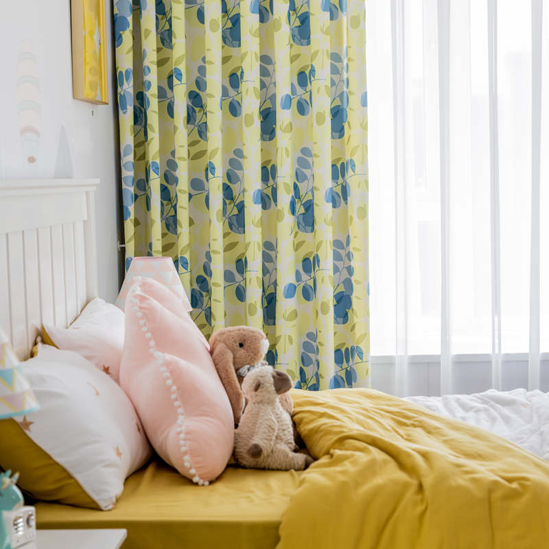 Rideau Imprimé Feuillage 140 x H260 cm Jaune Bleu Salon-Maisonfans.com