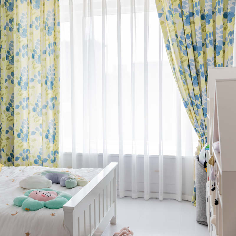 Rideau Imprimé Feuillage 140 x H260 cm Jaune Bleu Salon-Maisonfans.com