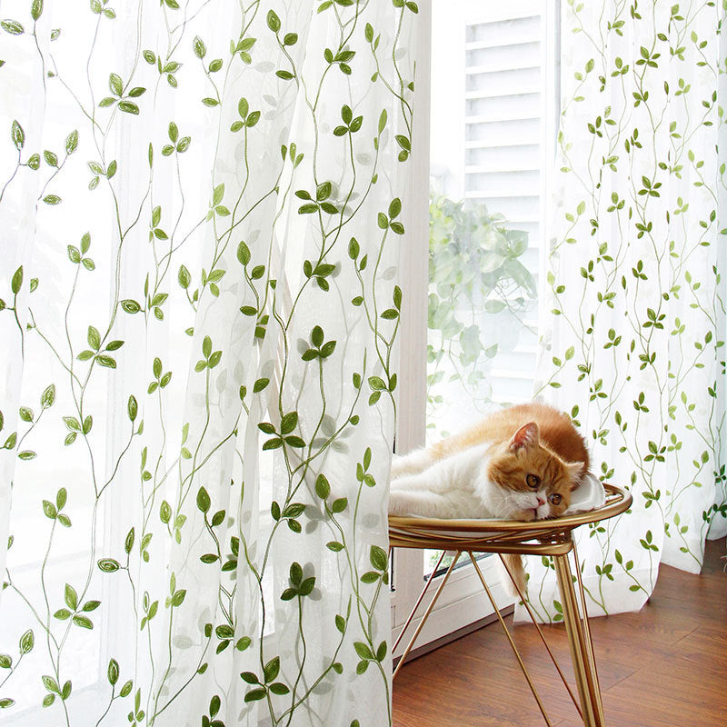 Voilage à œillets brodé feuille vert (135 x H240 cm)