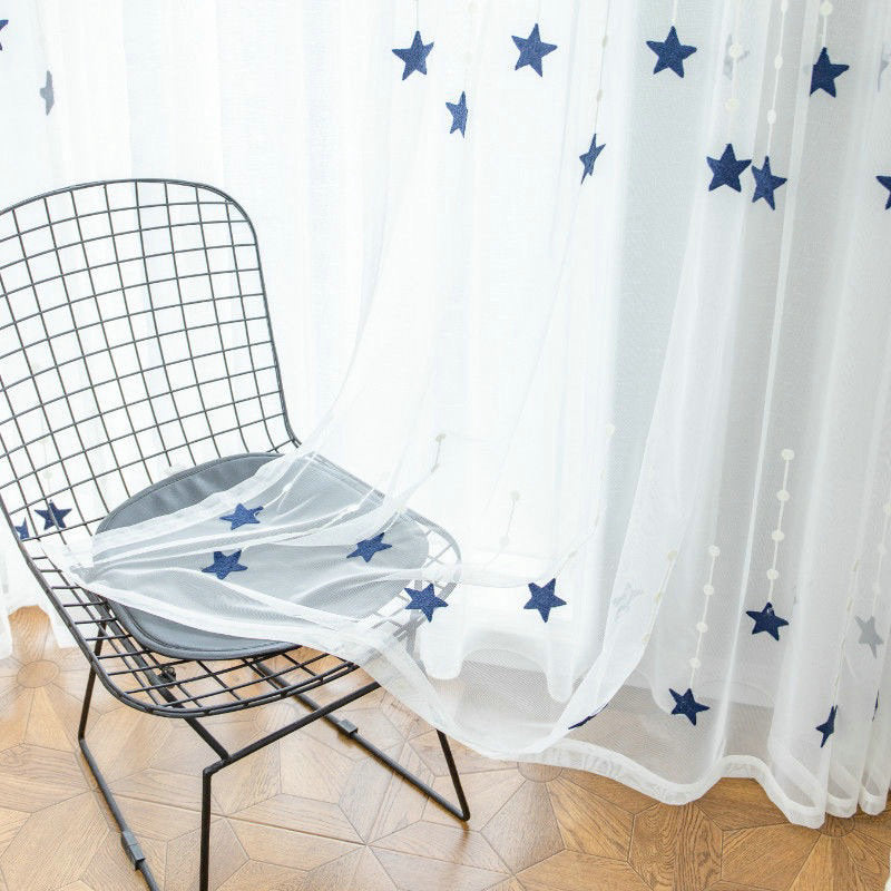 Voilage à œillets Étoile Broderie Bleu 140 x H240 cm Chambre Enfant Fille