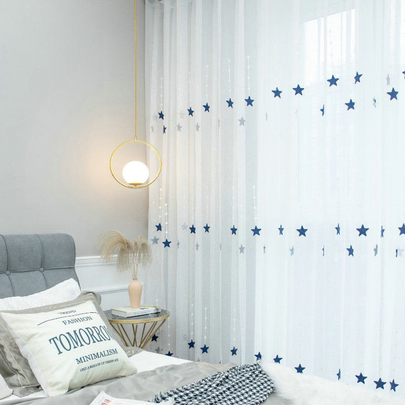 Voilage à œillets Étoile Broderie Bleu 140 x H240 cm Chambre Enfant Fille
