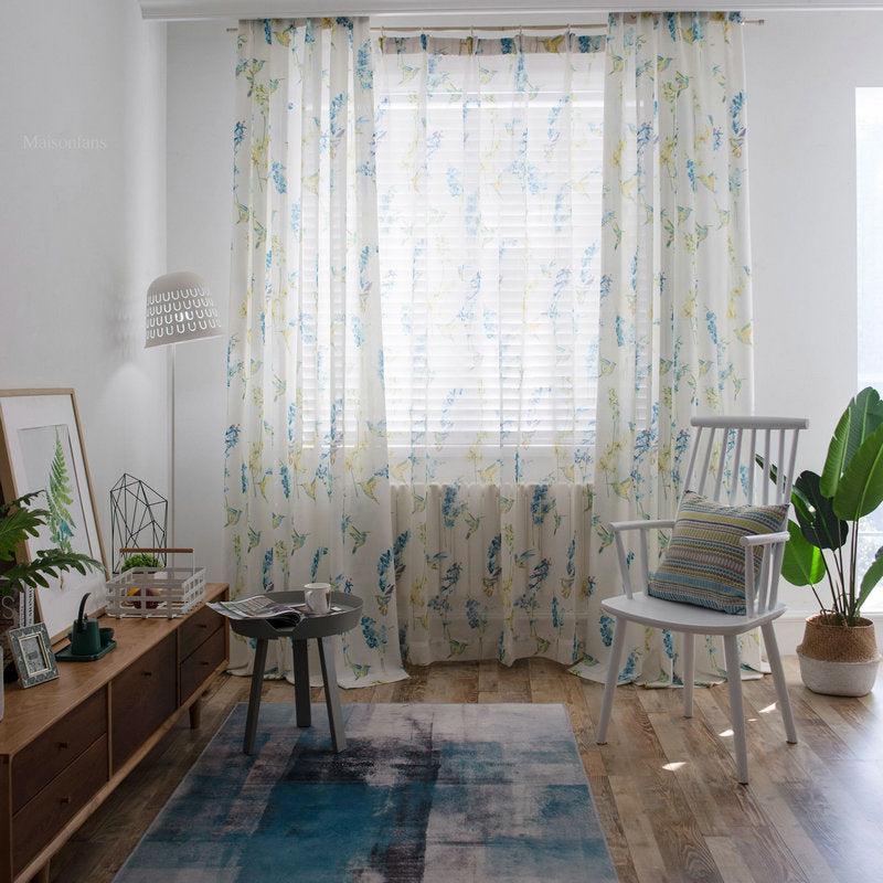 Voilage rideau à œillets oiseau-mouche fleur imprimé bleu rose